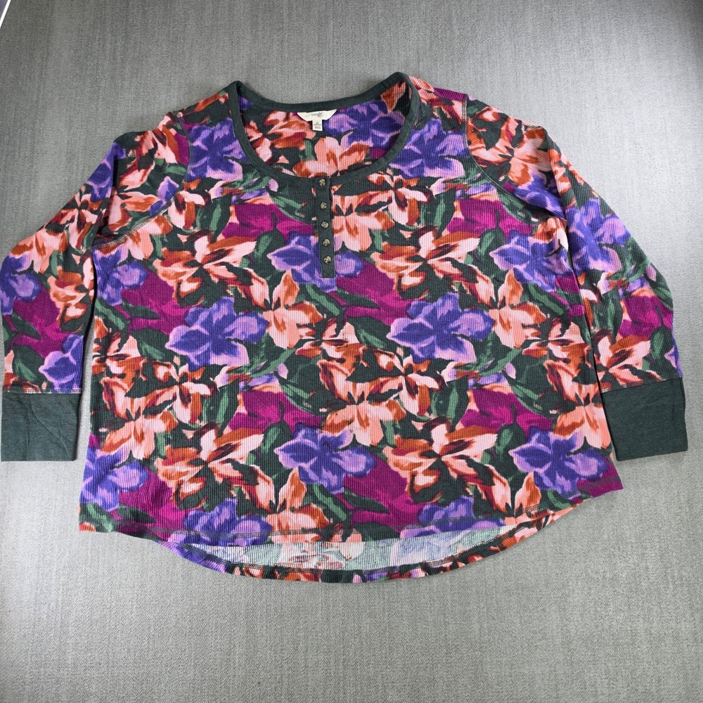 Terra & Sky Henley Women 3X Purple Floral Waffle Knit Long Sleeve Top